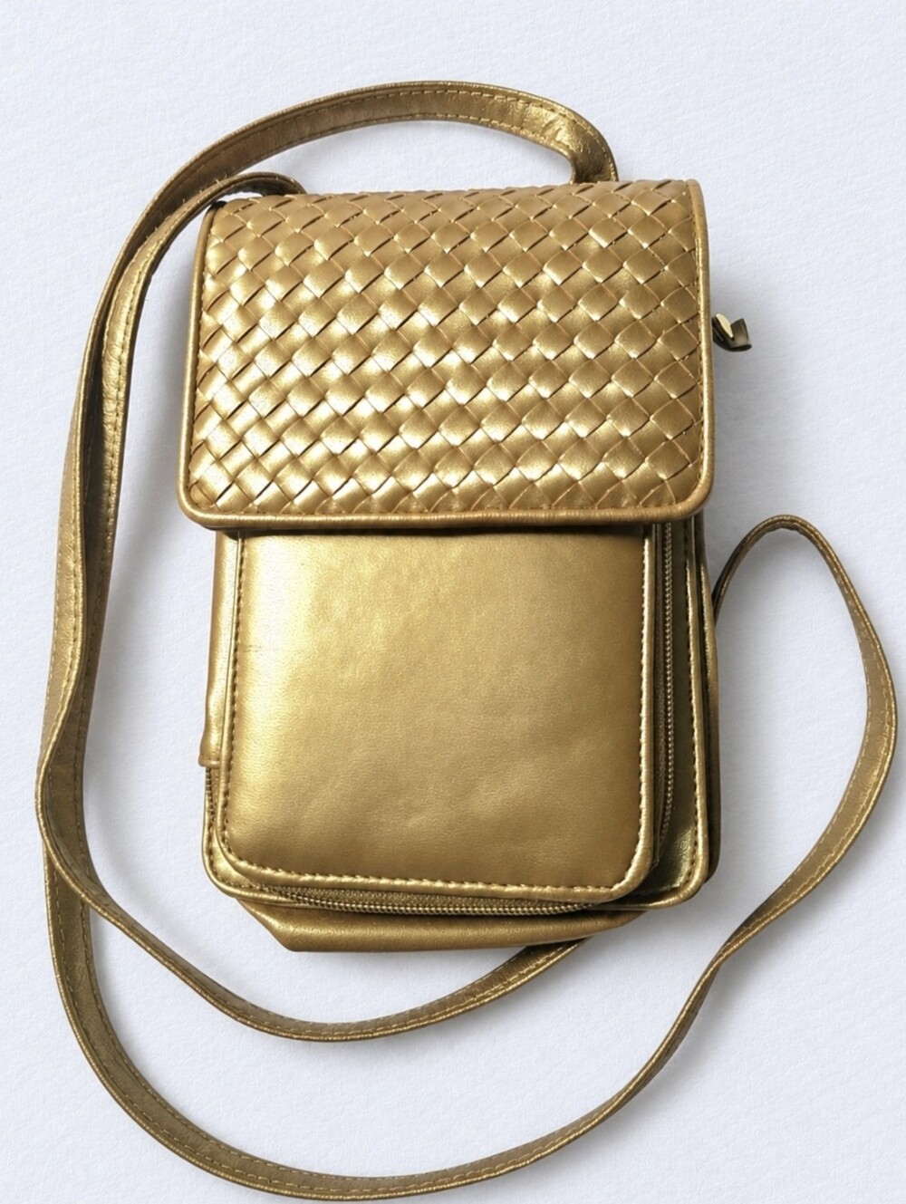 Gold Faux Leather Crossbody Satchel Phone Purse Woven Long Strap Shoulder Bag